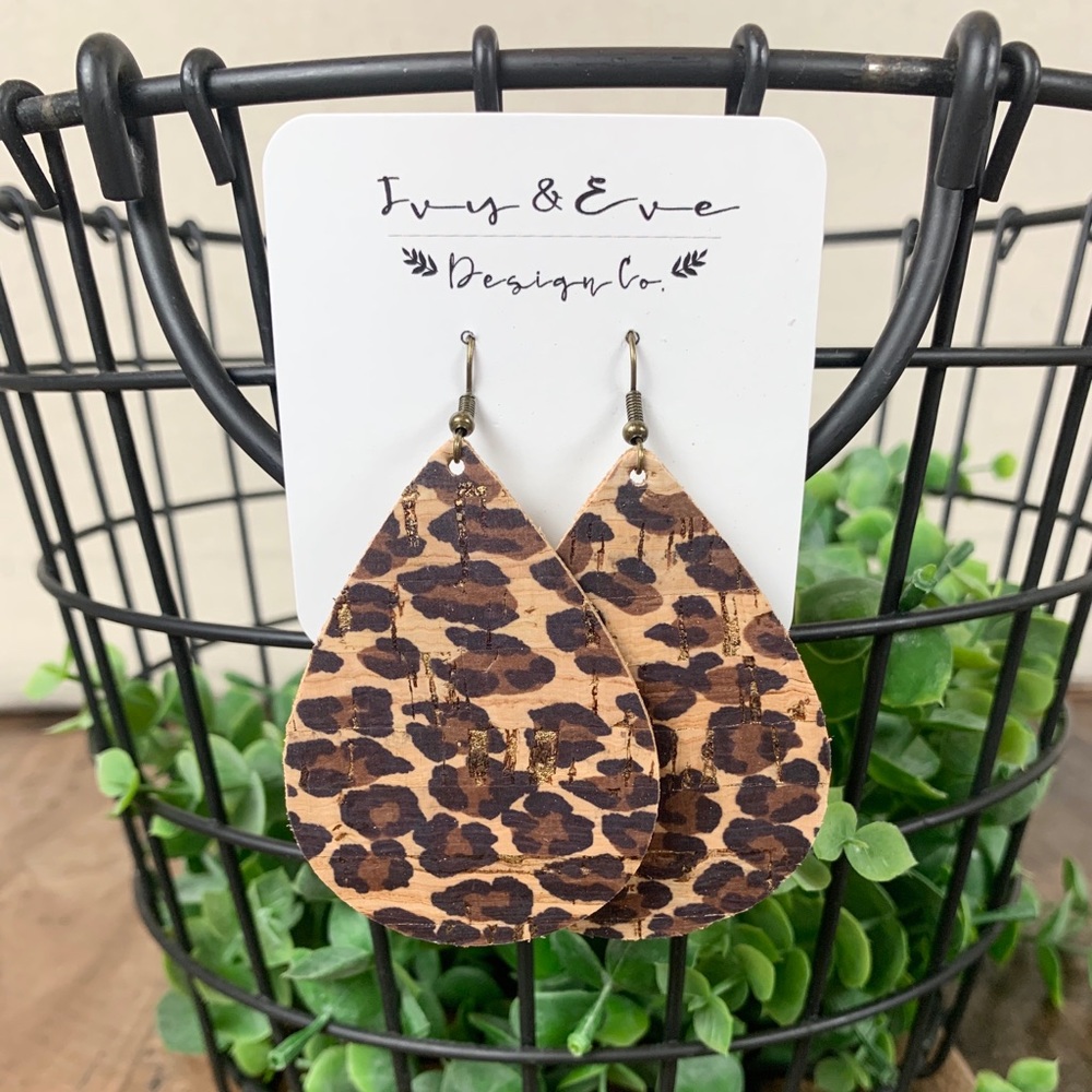 Genuine Leather Leopard Cork with Gold Earrings